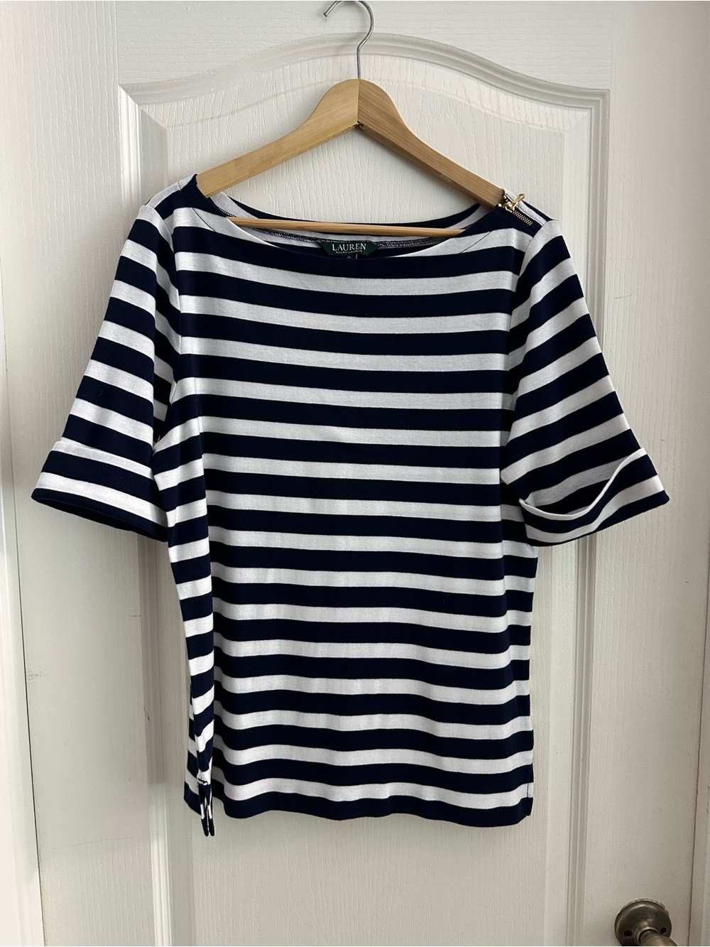 Lauren Ralph Lauren Navy and White Striped Short Sleeve Boatneck Top - Picture 2 of 5